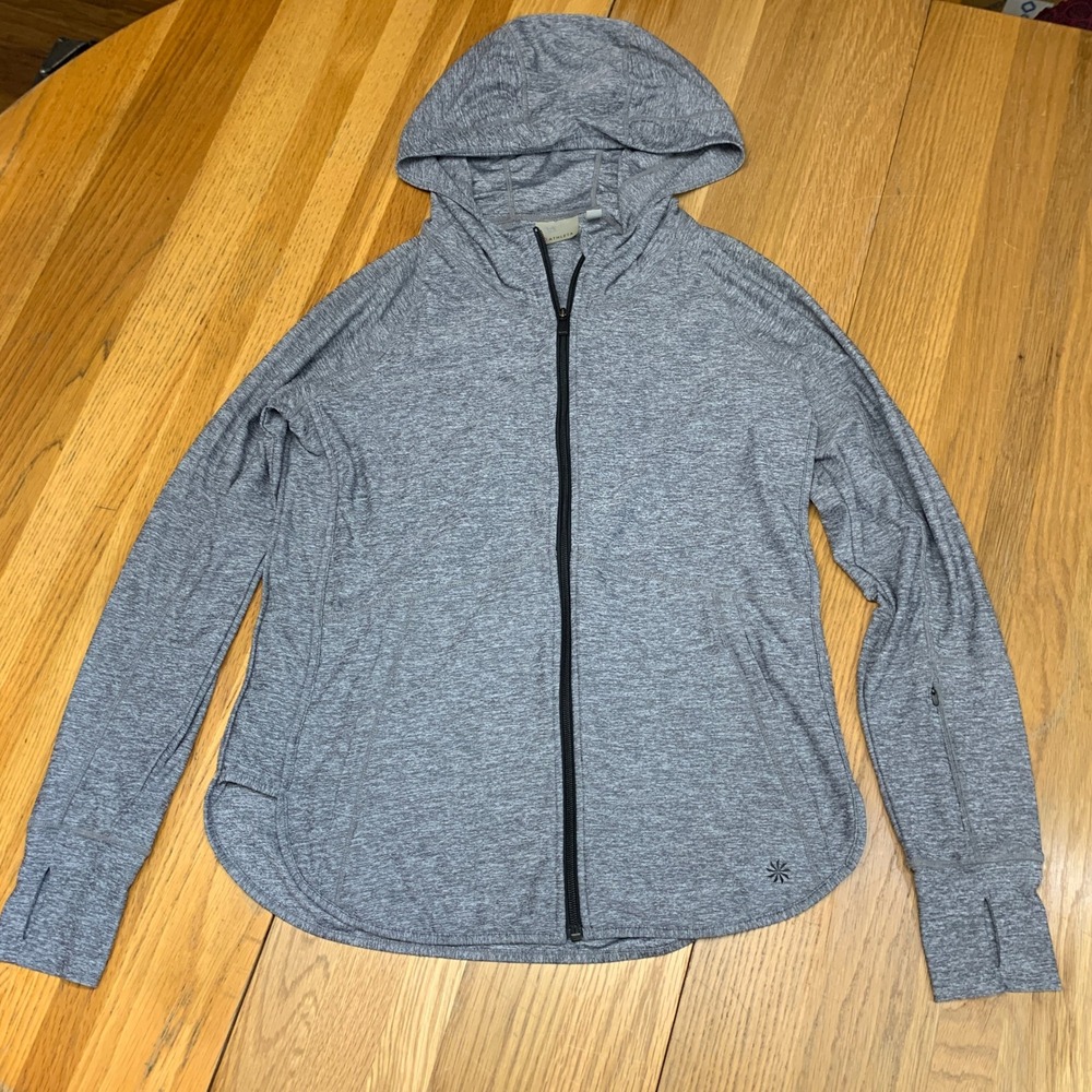 Athleta Womens Grey‎ Heather Full Zip Hoodie Thumbhole Sleeve Pocket Size Small
